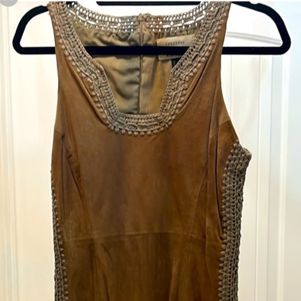 NWOT Leather Nicole Miller Artelier fawn coloured sheep suede crochet dress, sz4 - Picture 8 of 8